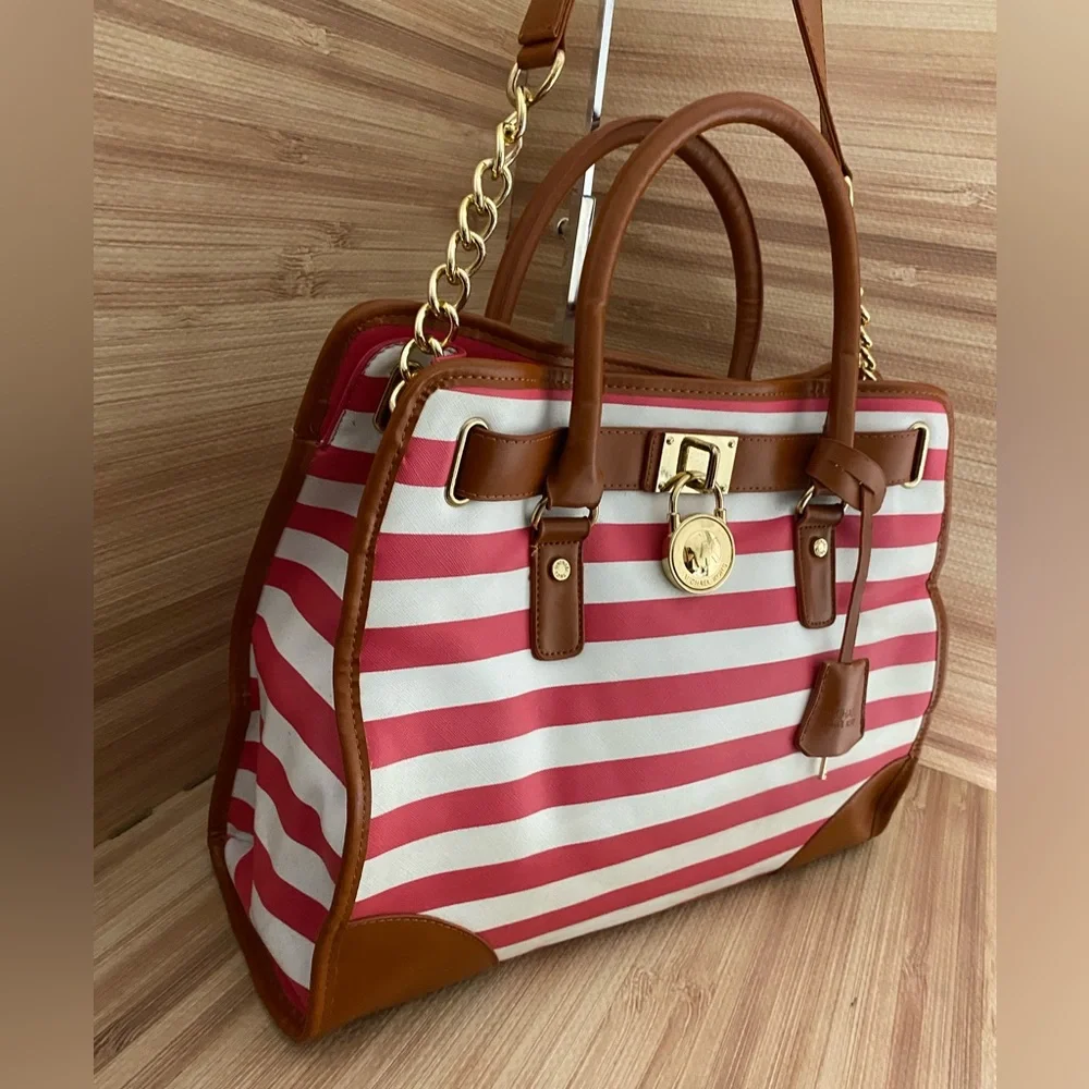 Michael Kors Hamilton Red/White Striped Canvas Leather Large Tote Purs